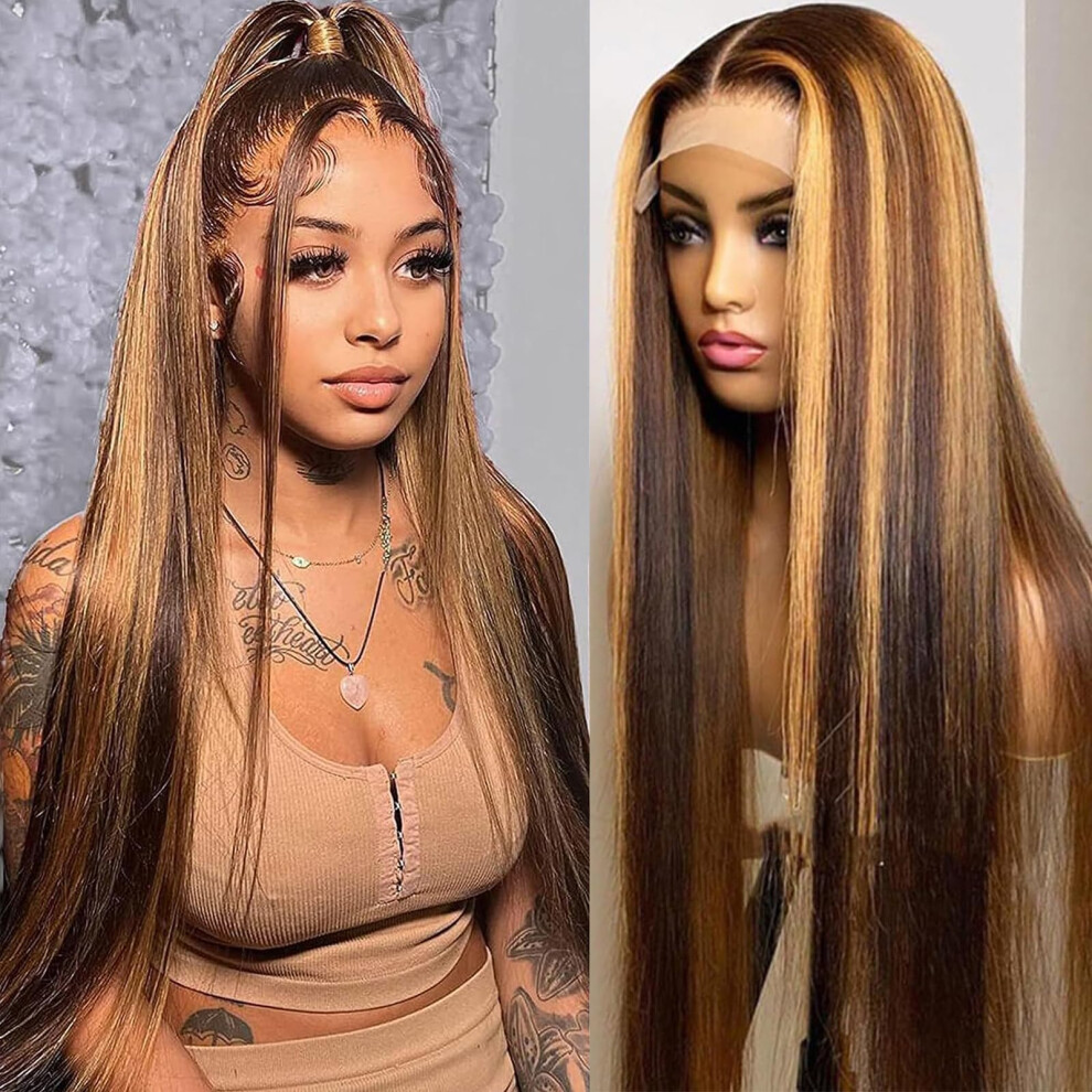 Unisex Human Hair Lace Front Wig 13X6 Hd Transparent Honey Blonde Ombre P4/27 Pre Plucked 22 Inch 200 Density Brazilian Virgin Hair