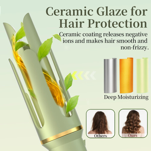 Automatic Curling Iron for Beach Waves with Ceramic Rotating Wand, AntiTangle, Auto ShutOff, Green 1