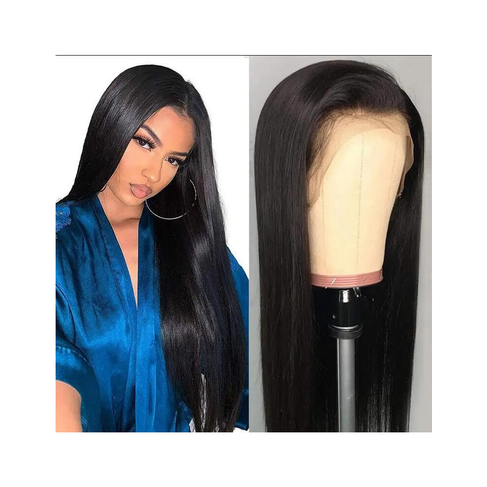Unisex 13X4 Lace Front Human Hair Wig Straight Brazilian, Pre Plucked Glueless, 180% Density 14 Inch