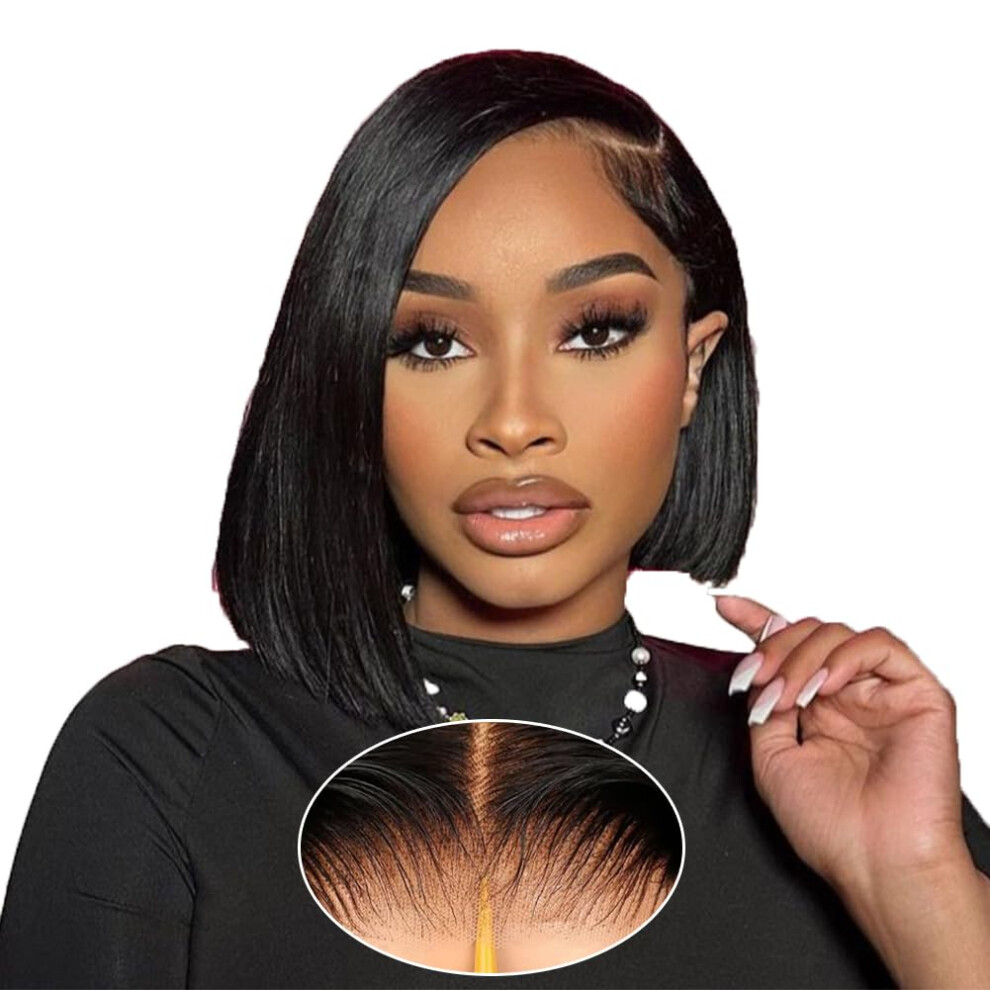 Human Hair Bob Wig 14 Inch 7x5 Glueless Lace Front Pre Plucked 220% Density Wear and Go for Black Women