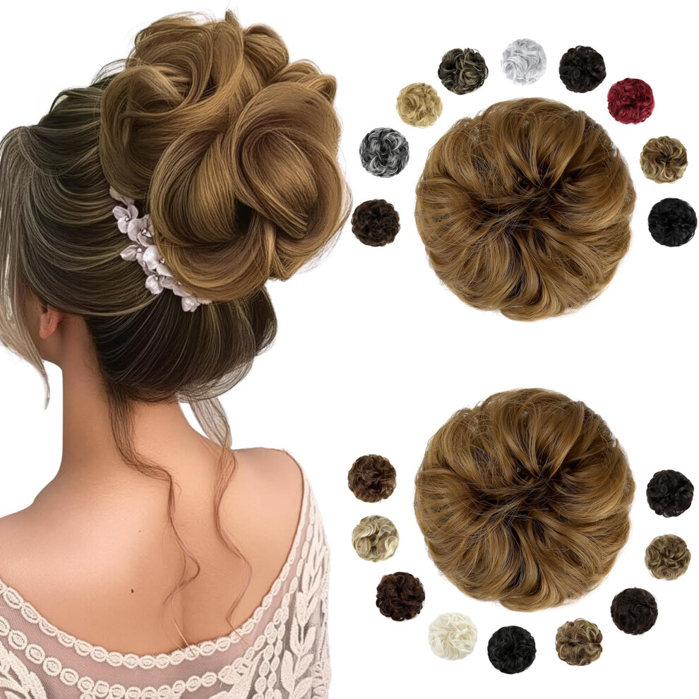2PCS Ginger Brown Messy Bun Hair Piece Large Wavy Curly Hair Bun Extension for Instant Volume Boost