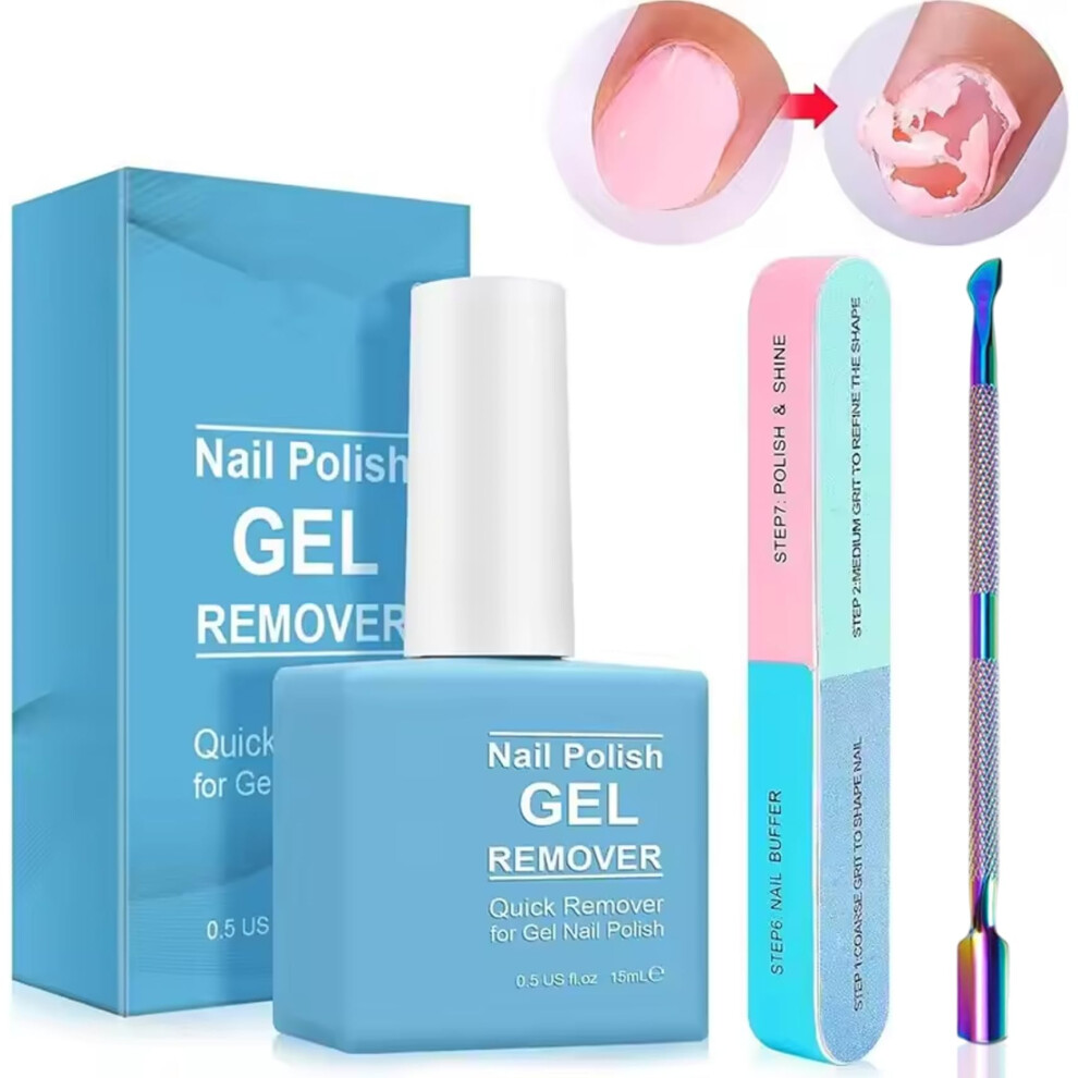 Gel Nail Polish Remover Kit 15ml No Soak Quick Removal with Cuticle Pusher and File Travel Size
