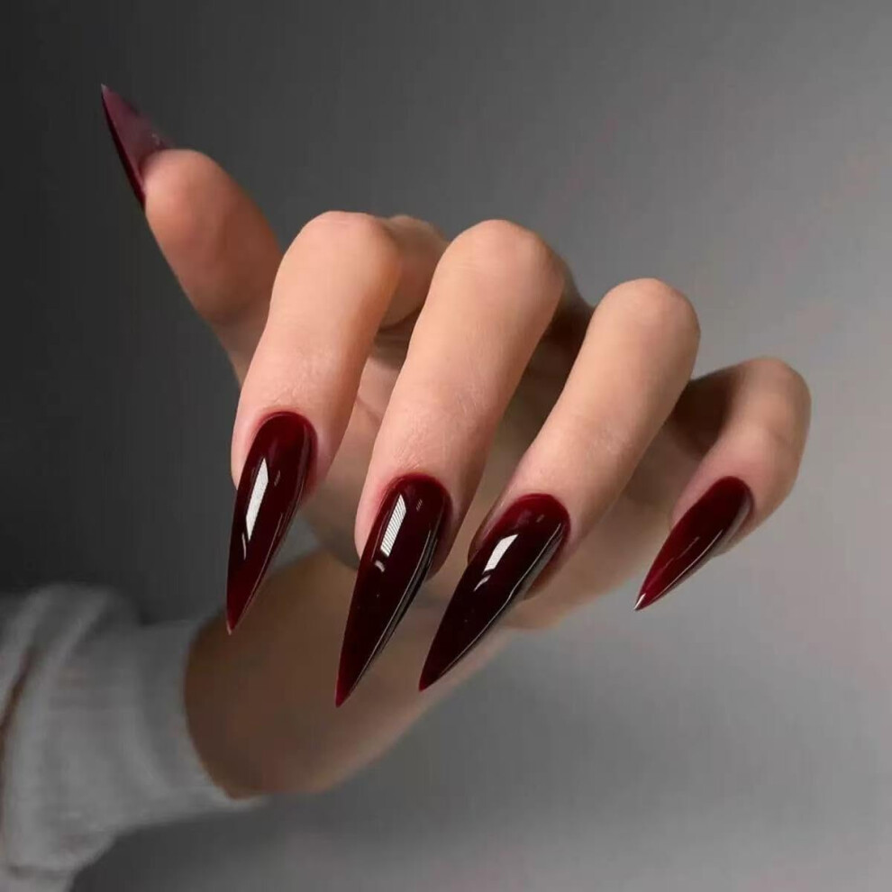 Long Stiletto Press On Nails Glossy Wine Red Fake Nails Reusable Nail Tips for Women 24 Pcs