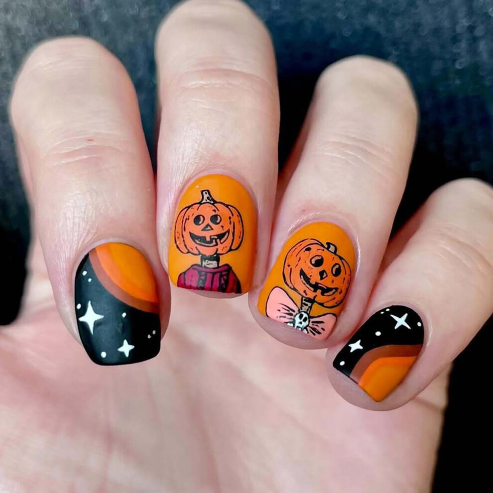 Orange 24Pcs Halloween Square Press On Nails Extra Short Fake Nails With Pumpkin Design