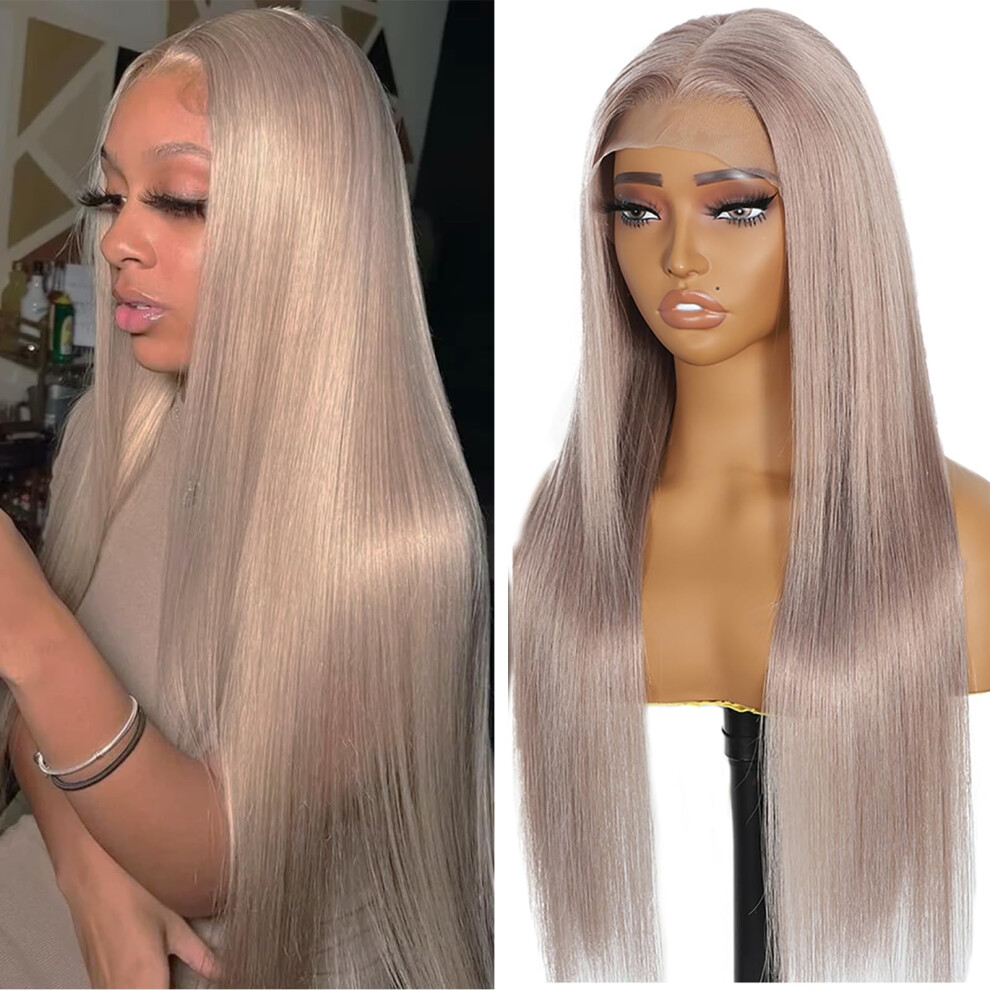 Unisex 40 Inch Ash Blonde Human Hair Lace Front Wig Pre Plucked 13X6 Hd Lace Frontal 180% Density
