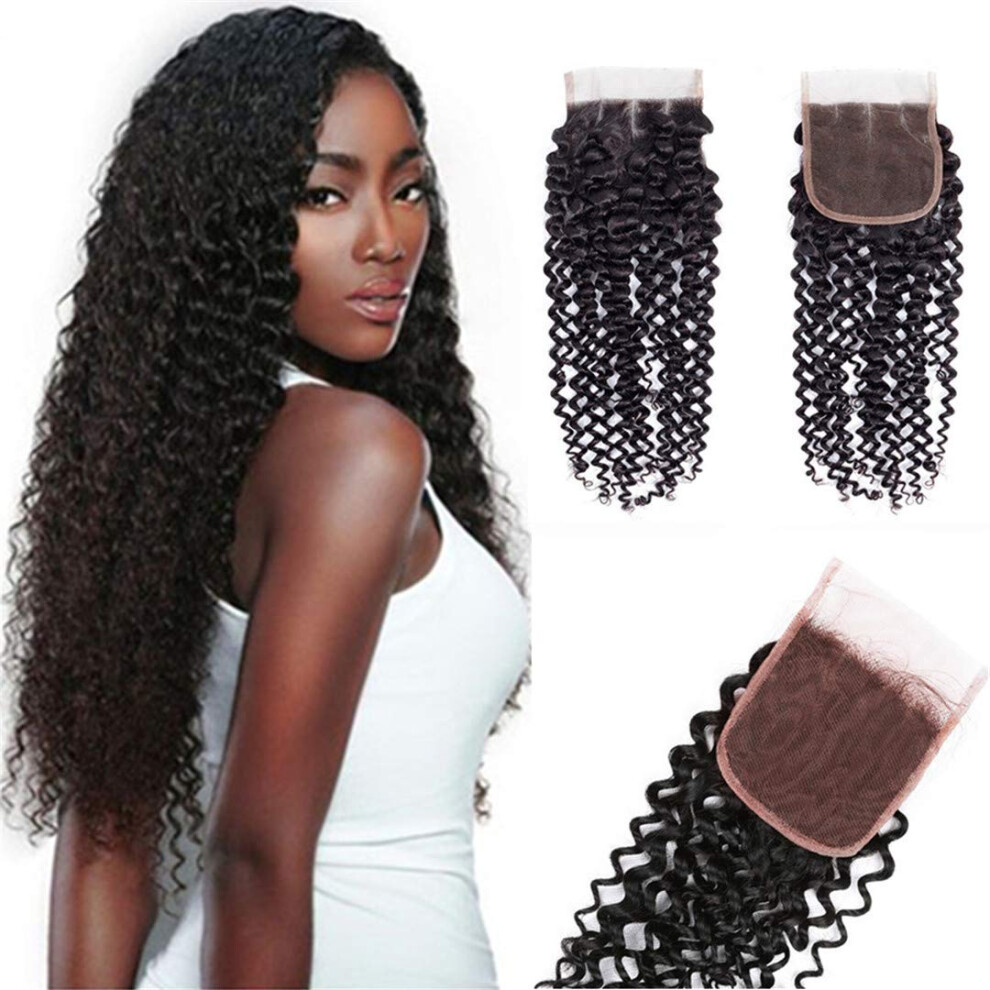 Unisex 4X4 Brazilian Curly Lace Closure 100% Virgin Human Hair Natural Color Deep Curly Density 10Inch