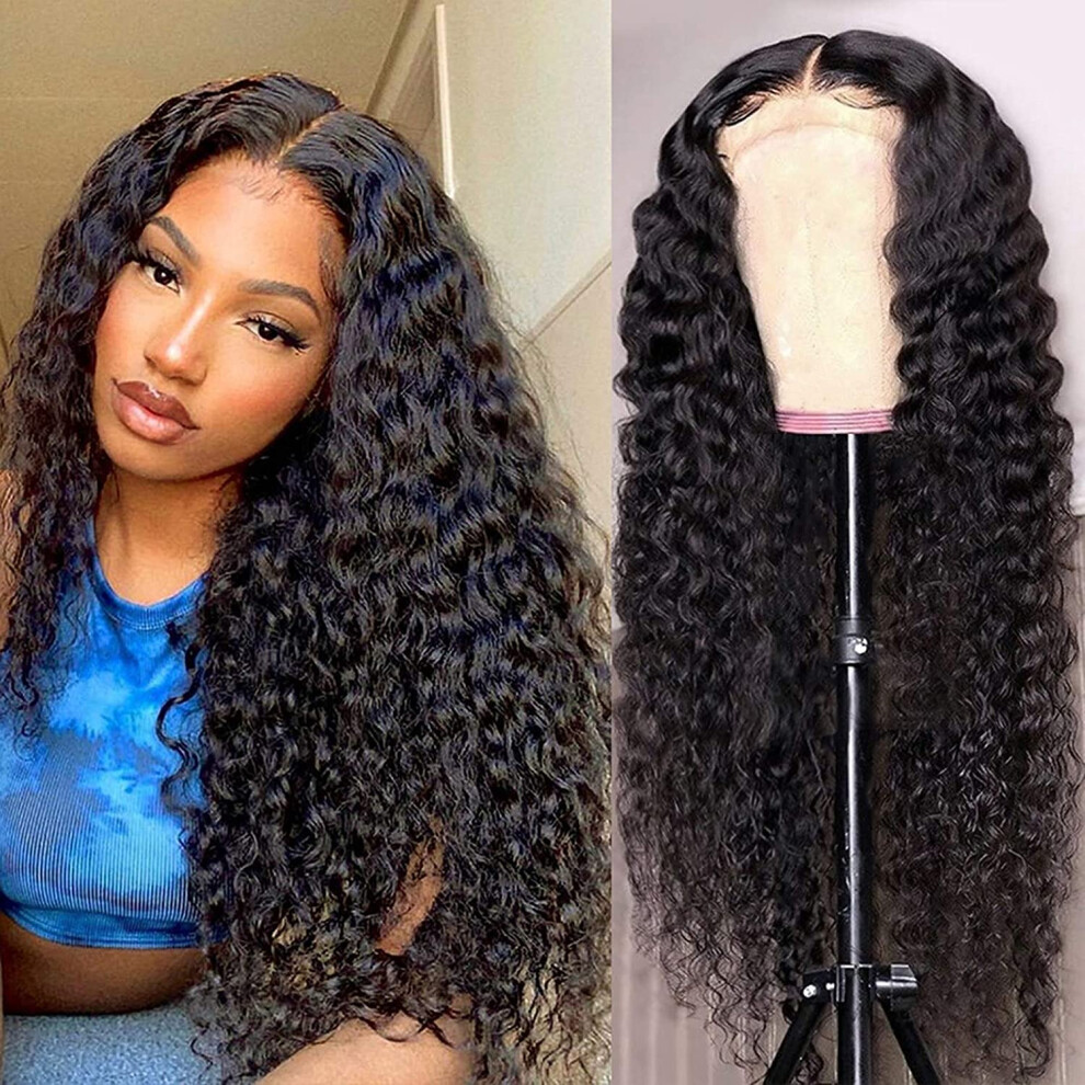 Unisex Black 4X4 Glueless Lace Front Human Hair Wig Deep Wave Brazilian Virgin Pre Plucked With Baby Hair Natural