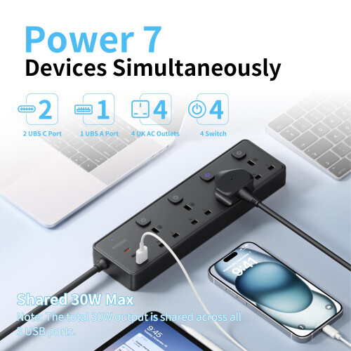 Extension Lead with 3 USB Slots(30W),4 Way Sockets 2