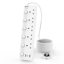 WLV 3M Extension Lead 5 Gang with 3 USB Slots, Whi