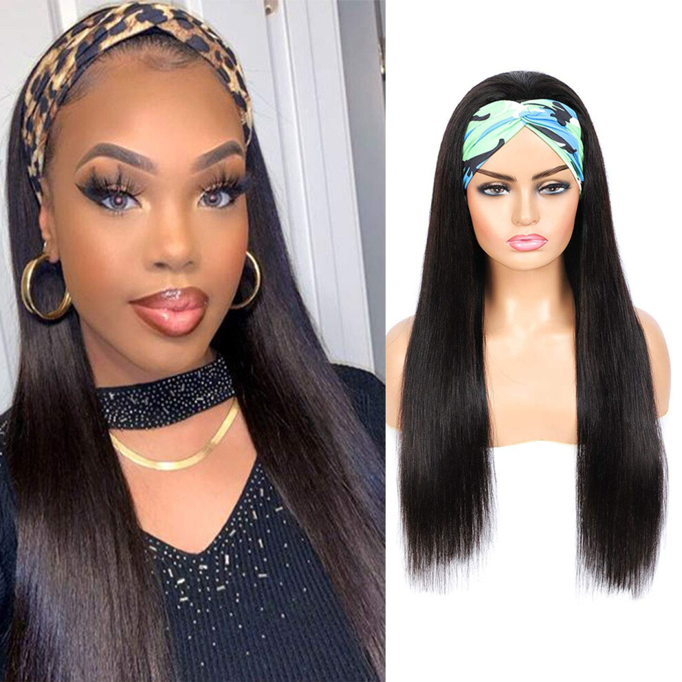 Headband Wig Human Hair Glueless Straight 14 Inch for Black Women 180 Density Natural Hairline
