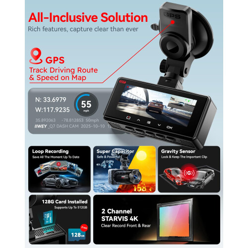 IIWEY 4K+4K Dash Cam Front and Rear, Dual STARVIS 2