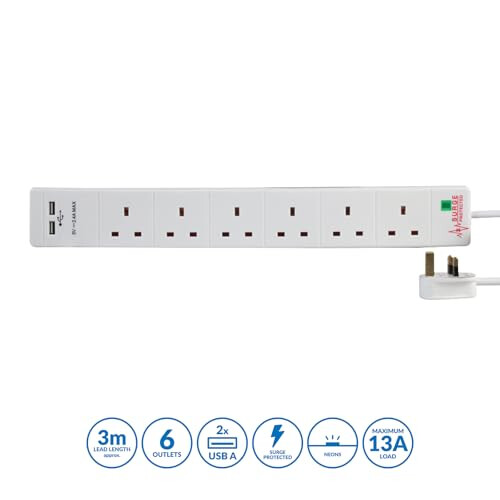 Pro Elec PEL00114 6 Way 2 USB Surge Protected Exte 1