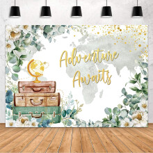 Adventure Awaits Baby Shower Decor, Eucalyptus White Floral Suitcases Travel World Map Backdrop, Compatible with Photography Banner