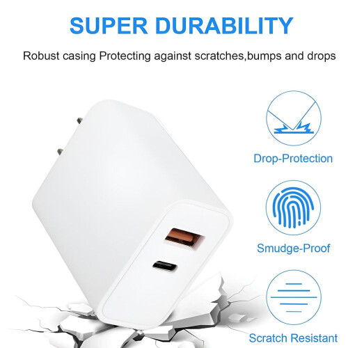 USB-Netzteil mit USB-C-Ladegerät, kompatibel mit iPhone/Android, 20 W, 2 Anschlüsse 2