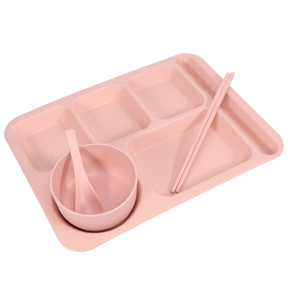 1 Set Straw Bowl Dinner Tray Drop-Proof Plates Cutlery Set Pink Inoomp