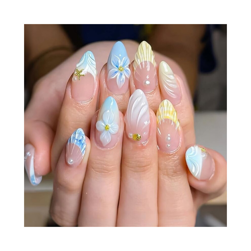 Gold Summer Almond Press On Nails With Starfish Shell, 30Pcs Beach Theme Fake Nails Set For Women