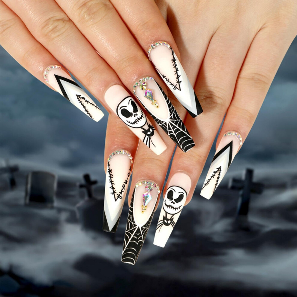 Halloween Long Almond Press on Nails Purple French Tips Fake Nail Set for Halloween Party