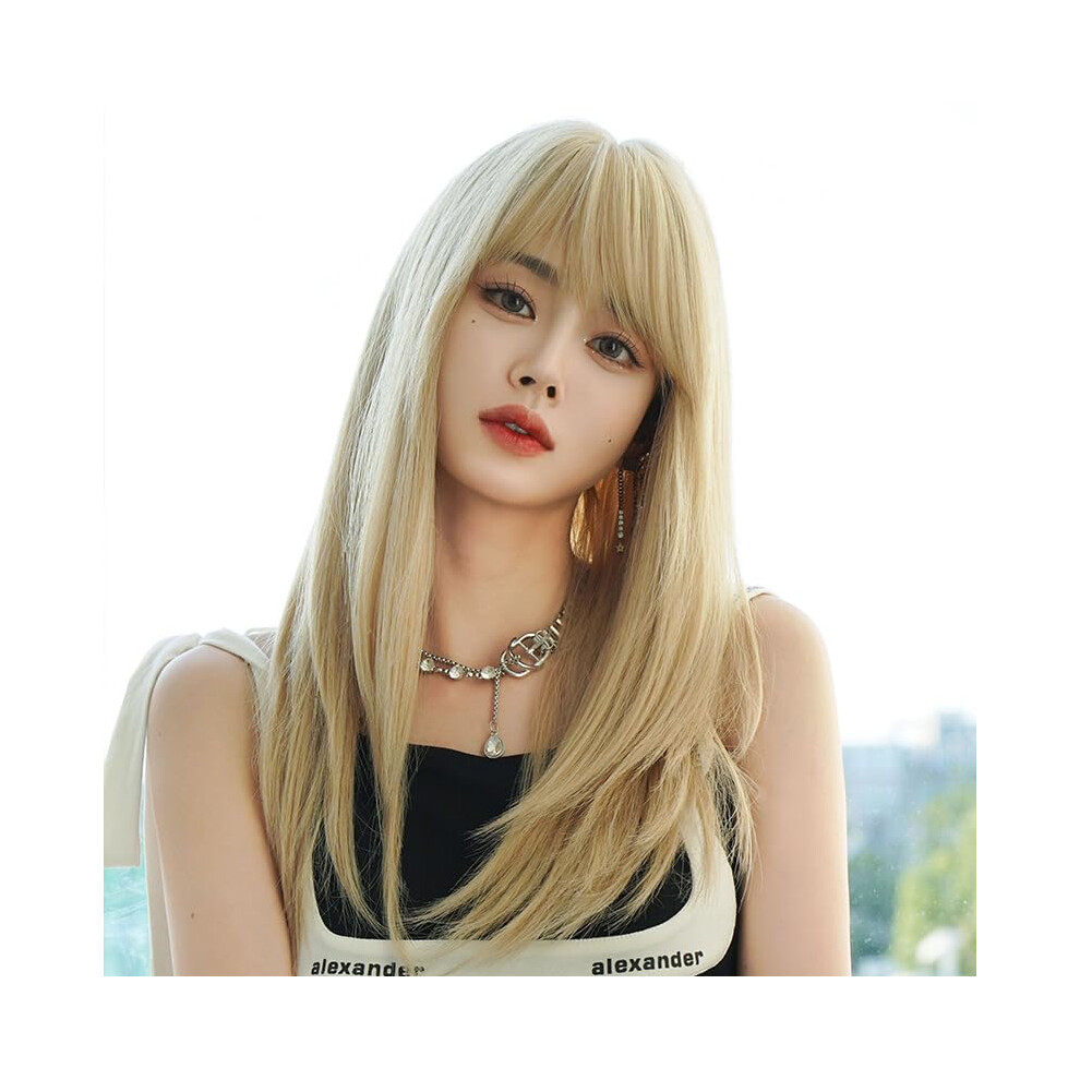 24 Inch Long Straight Beige Blonde Human Hair Blend Wig with Bangs, Heat Resistant Glueless Design