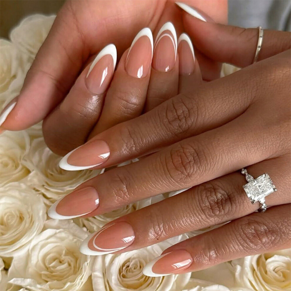 24 Pcs Almond False Nails French Tip Glossy Press On Acrylic Fingernails with Vibrant Color Accent