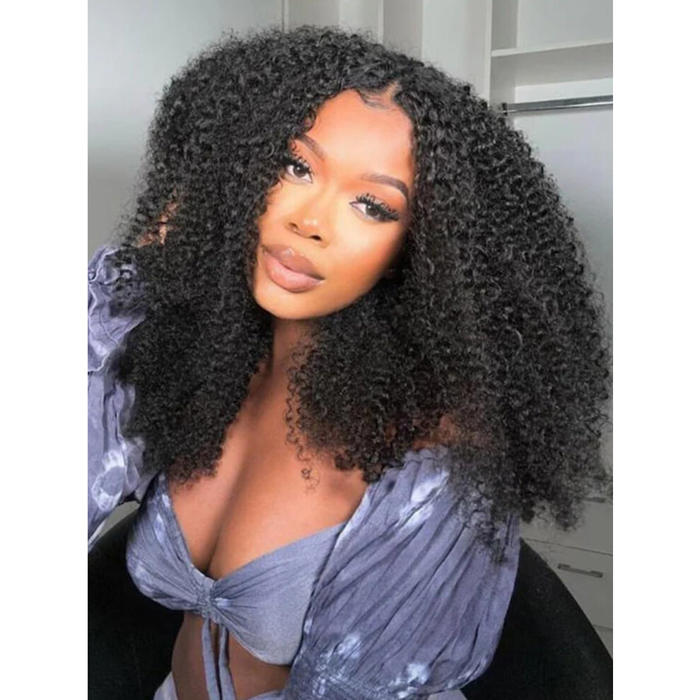 Unisex Black 13X6 Kinky Curly Lace Front Wig 24 Inch Human Hair Pre Plucked Pre Bleached Knots Natural Curls