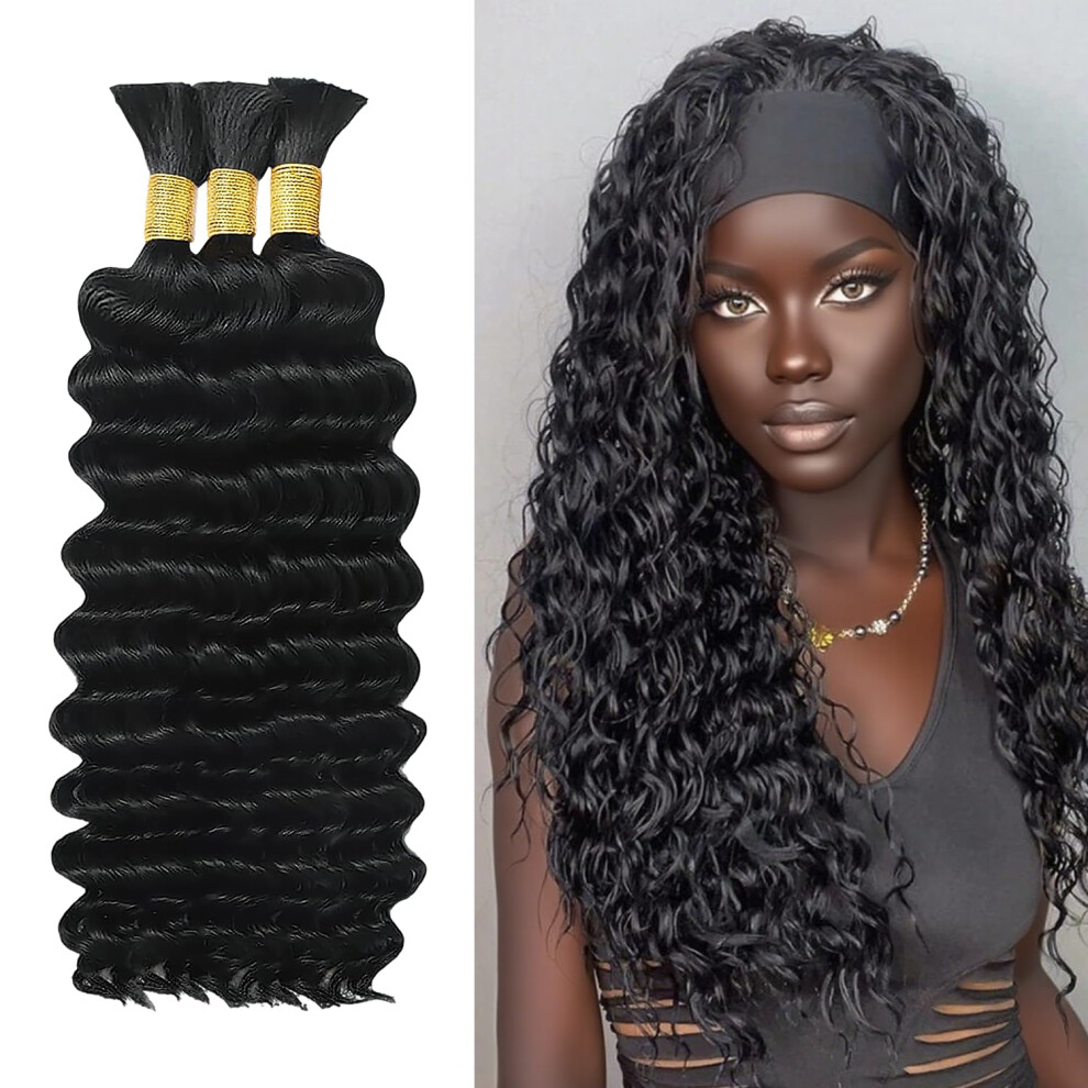 Human Braiding Hair 16 Inch Deep Wave 3 Bundles for Boho Braids Knotless Extensions Natural Black