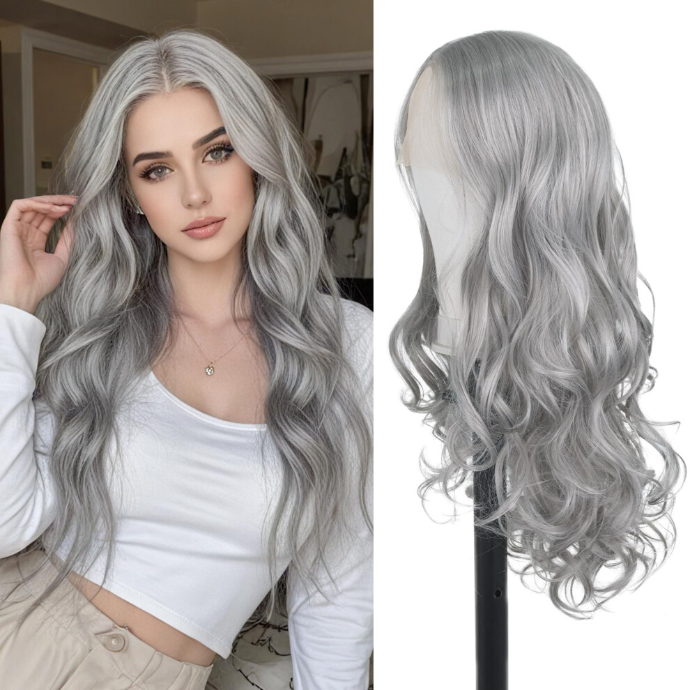 Unisex Silver,Grey 26 Inch Grey Lace Front Wig With Natural Hairline, Long Wavy Silver Synthetic, Glueless Fit