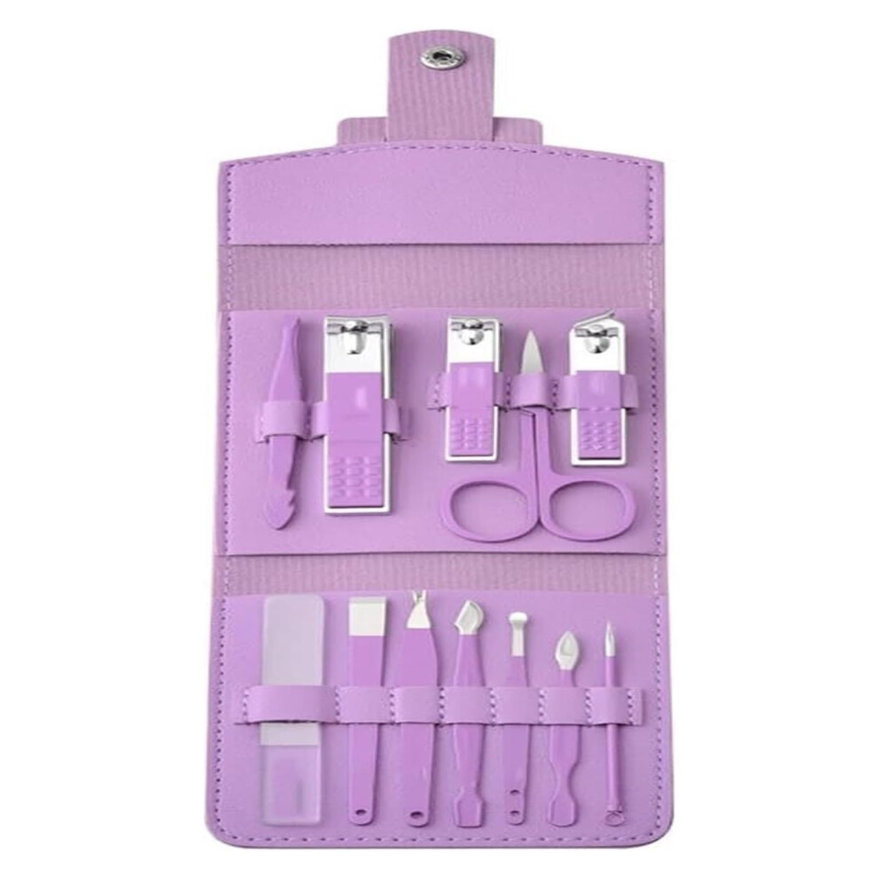Purple Manicure Pedicure Set 12Piece Nail Clipper Kit With Ergonomic Grip And Protective Case