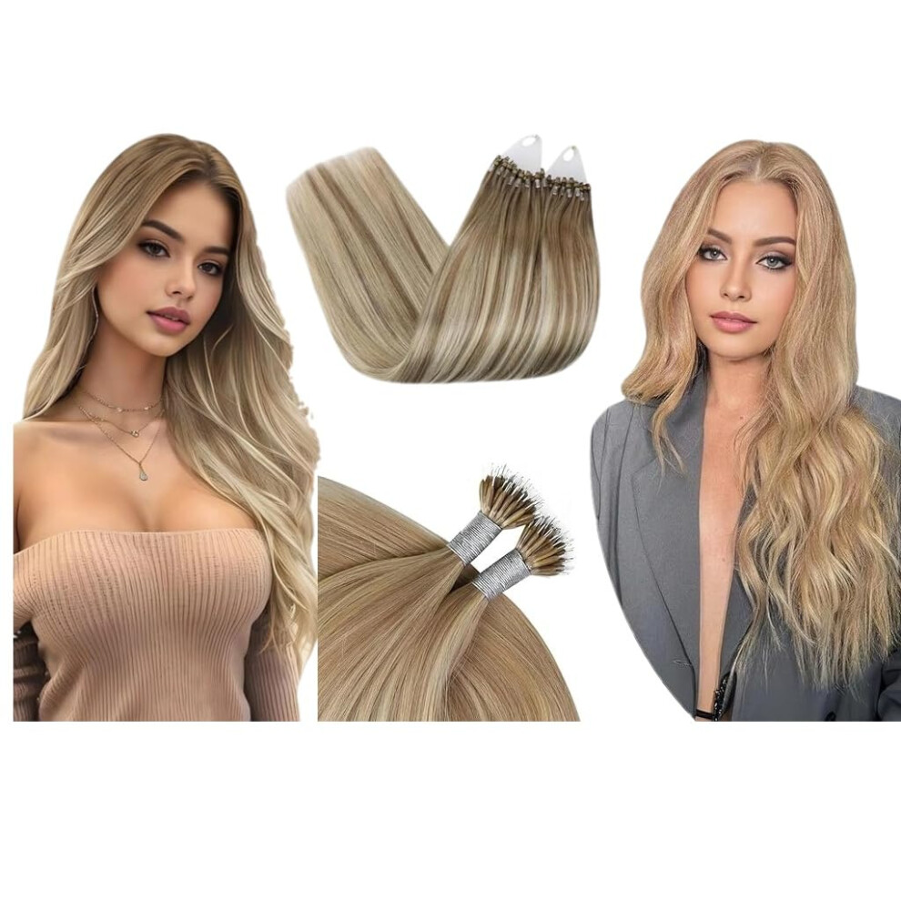 Unisex Microlink Hair Extensions Remy Human Hair Balayage Blonde Nano Ring Ash Blonde 24+20 Inch 2 Pack