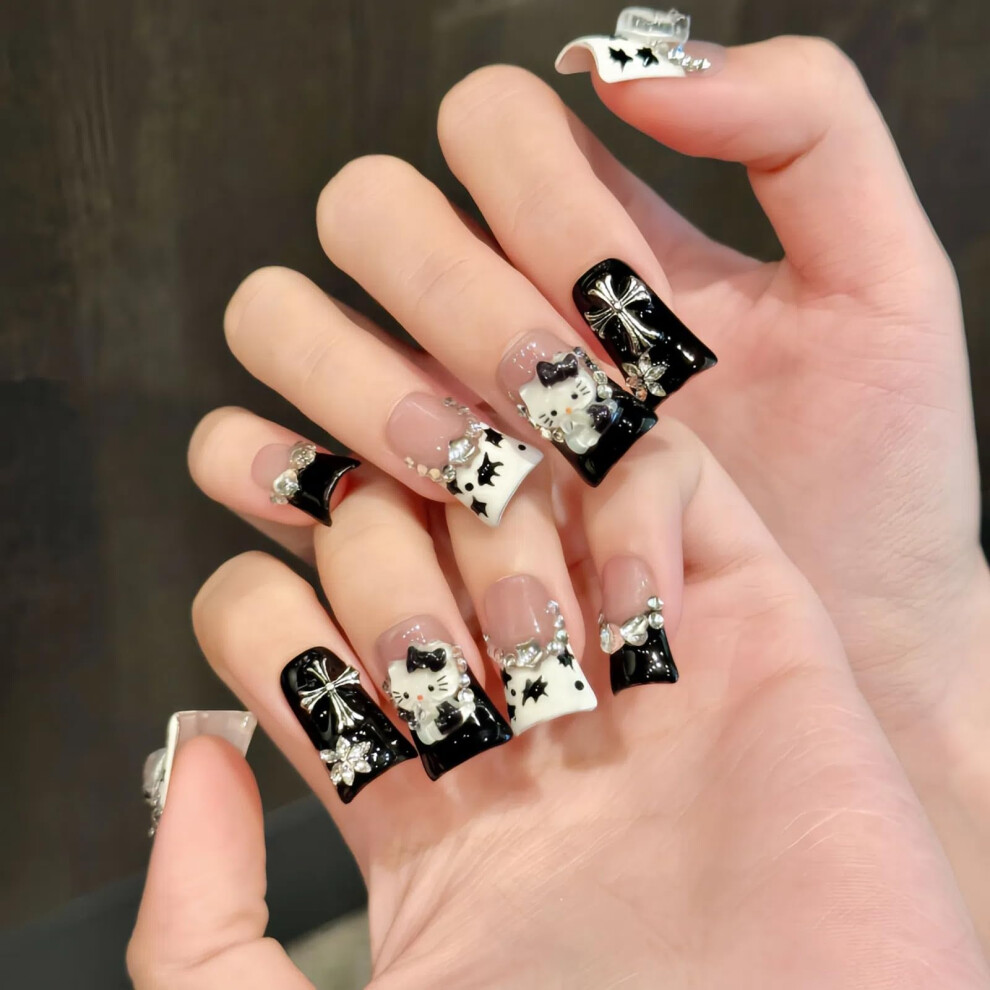 Reusable 3D Press On Nails Short Duckbill Cat Design Handcarved Cartoon Fake Nails