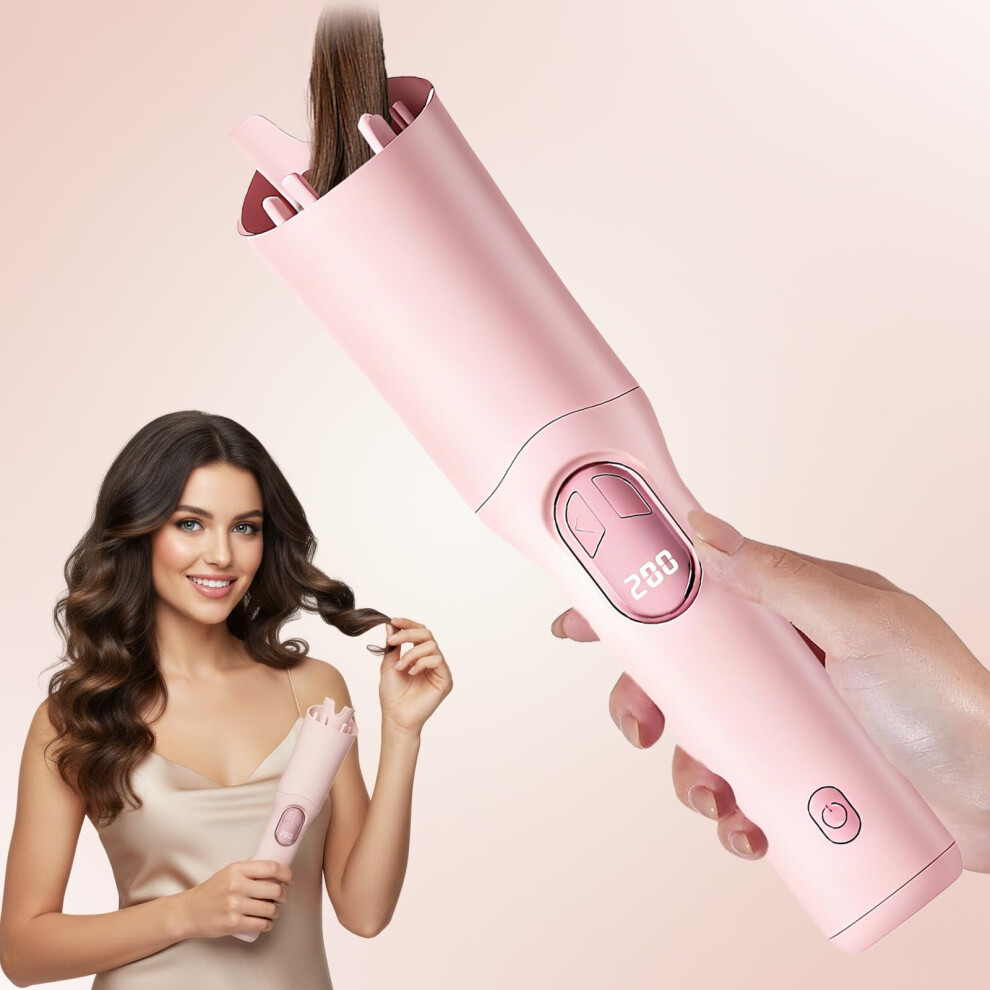 Pink Cordless Automatic Curling Iron With 1.25' Ceramic Barrel, Dual Rotation, Antiscald, Frizz Control,