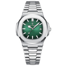 Orologio da uomo POEDAGAR Business impermeabile con datario luminoso, cassa quadrata in acciaio inossidabile, movimento al quarzo, colore verde.