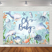 Onderwaterthema achtergrond voor babyshower Oh Baby Ocean babyshower fotografie achtergrond onderwaterwereld babyshower decoraties feest fotobanner