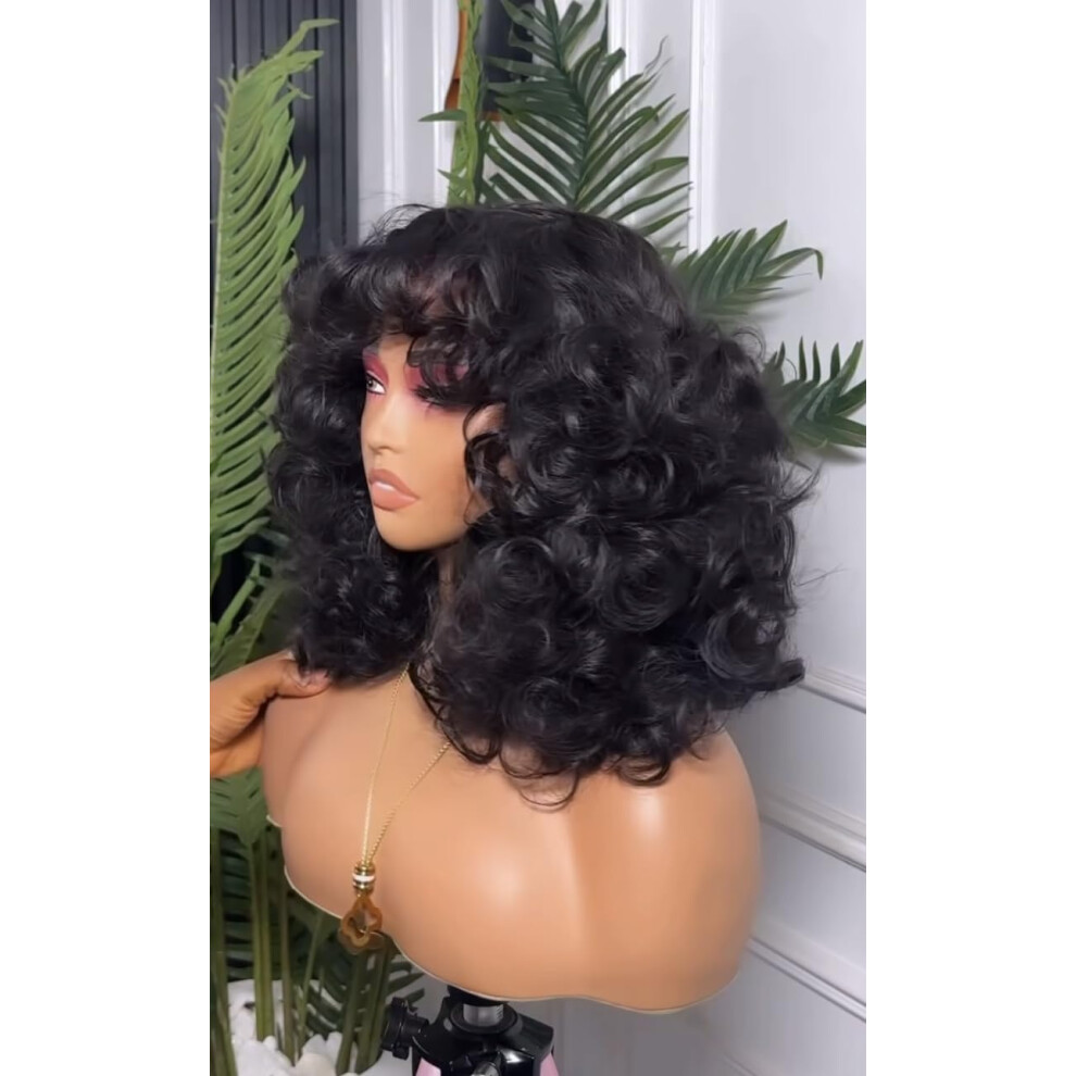 Unisex Black 10 Inch Curly Human Hair Wig With Natural Hairline And Bouncy Loose Curls For Women