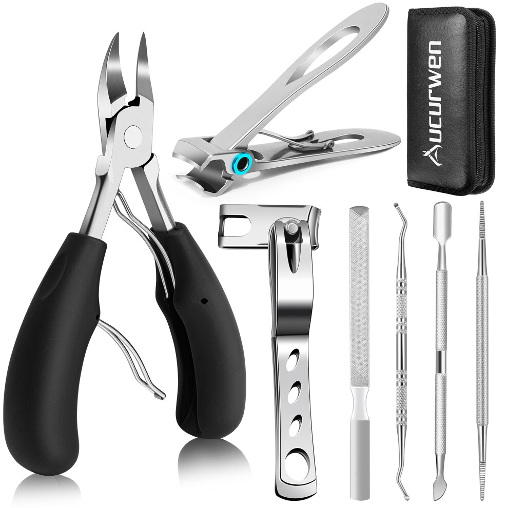 Toenail Clippers for Thick Nails Seniors, Wide Jaw 360 Rotating Blade, 7pcs Pedicure Kit Black