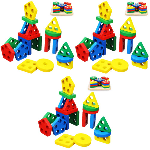 3 Sets Wooden Sorting Stacking Montessori Toys Color Shape Recognition 1