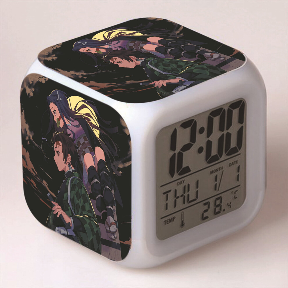 Hanntaoo Digital Alarm Clock For Kids, Compatible With Cartoon Demon Slayer Design, 7-Color Led, Thermometer, Night Gift For Boys & Girls Light