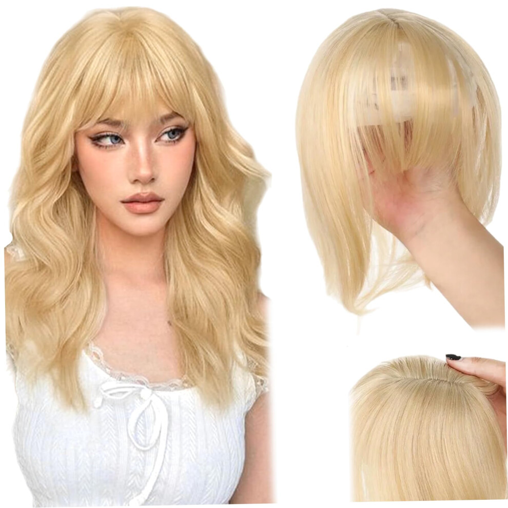 Unisex Blonde Hair Topper For Women With Natural Clip In Bangs, Heat Resistant Fibers, Instant Volume Boost