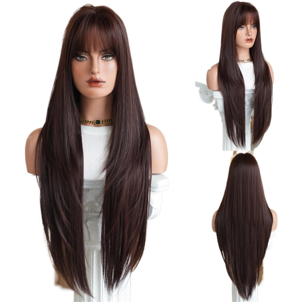 Black Long Straight Wig with Bangs, HeatResistant Synthetic Fiber, Layered Cut for Round Face