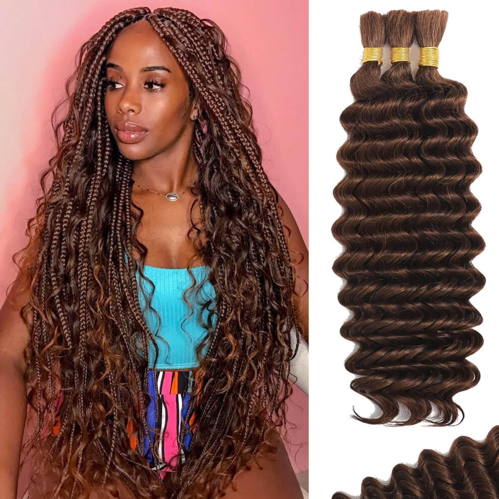 Human Braiding Hair Natural Remy Deep Wave Extensions for Boho Braids Chocolate Brown 22Inch 3 Bundles