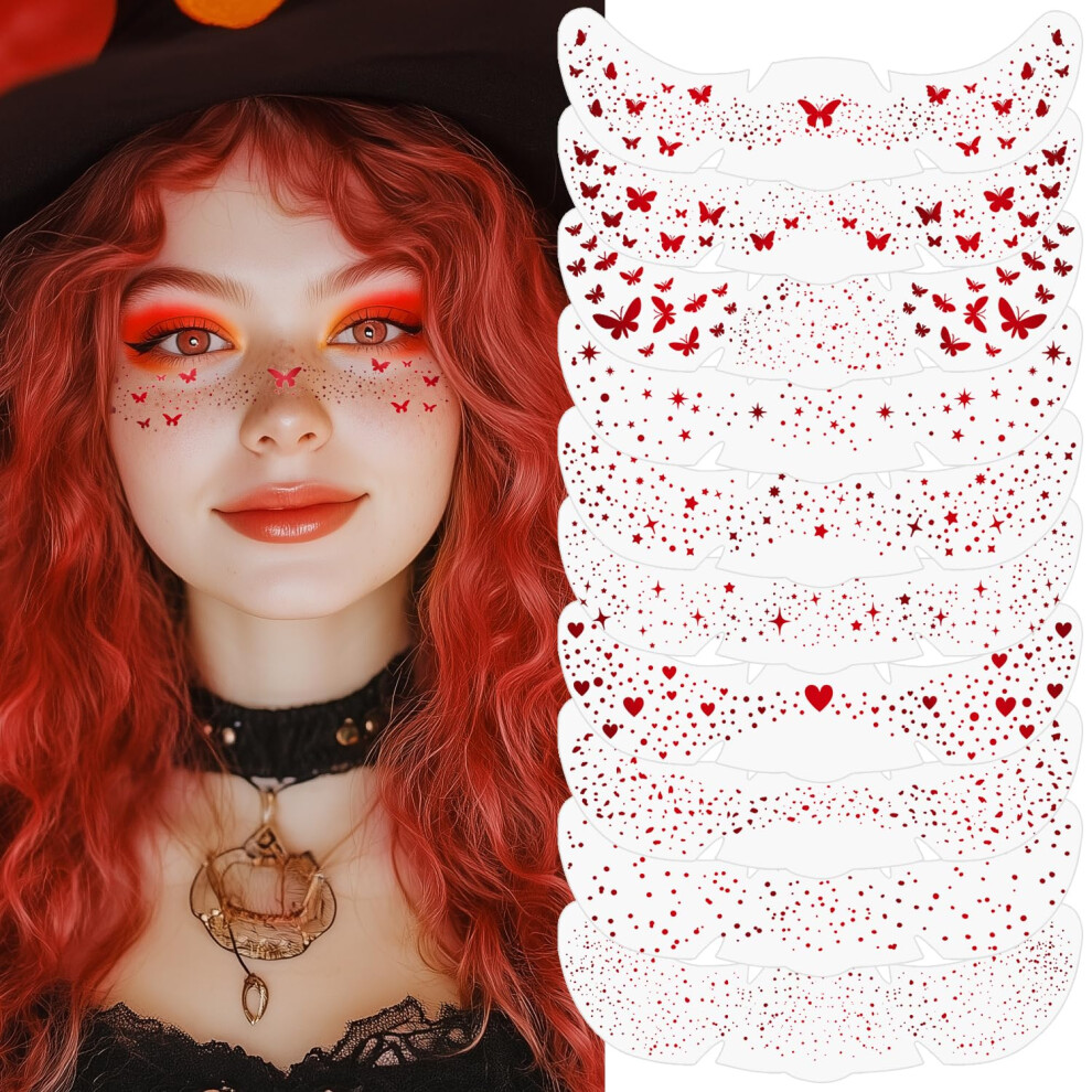 Red,Gold Waterproof Glitter Freckles Stickers For Face, Red And Gold Festival Face Glitter Tattoos, 10Pcs