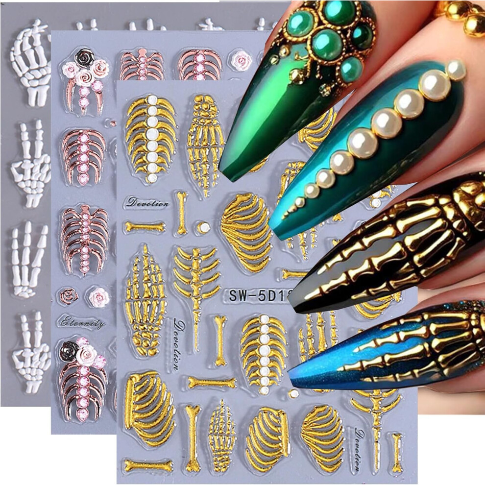 Gold Halloween Nail Stickers 5D Embossed Skull And Skeleton Decals Rose Gothic Nail Art For Women