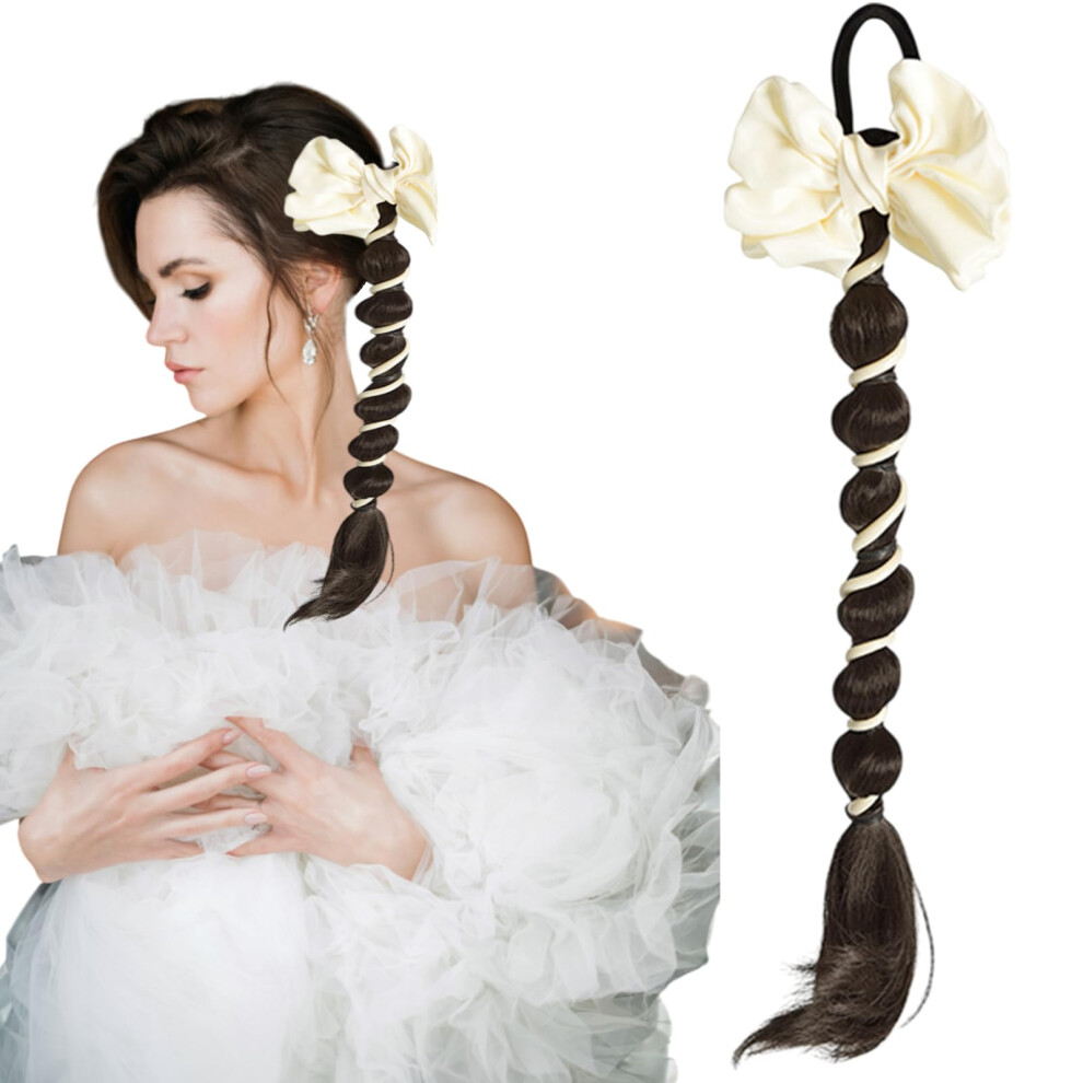 Unisex Black Brownish Bubble Ponytail Hair Extension With Bow, Braided Synthetic Ponytail Wig For Women