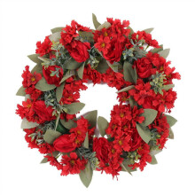 Guirlanda artificial de crisântemos vermelhos, 35 cm (13,7"), feita à mão em seda, ideal para portas, paredes, casamentos, festas e decoração de