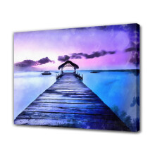 Imprimeu pe pânză cu apus de soare pe plajă și pod violet, decor modern de perete, poster, compatibil cu camera de zi și dormitorul, 12x18 inci
