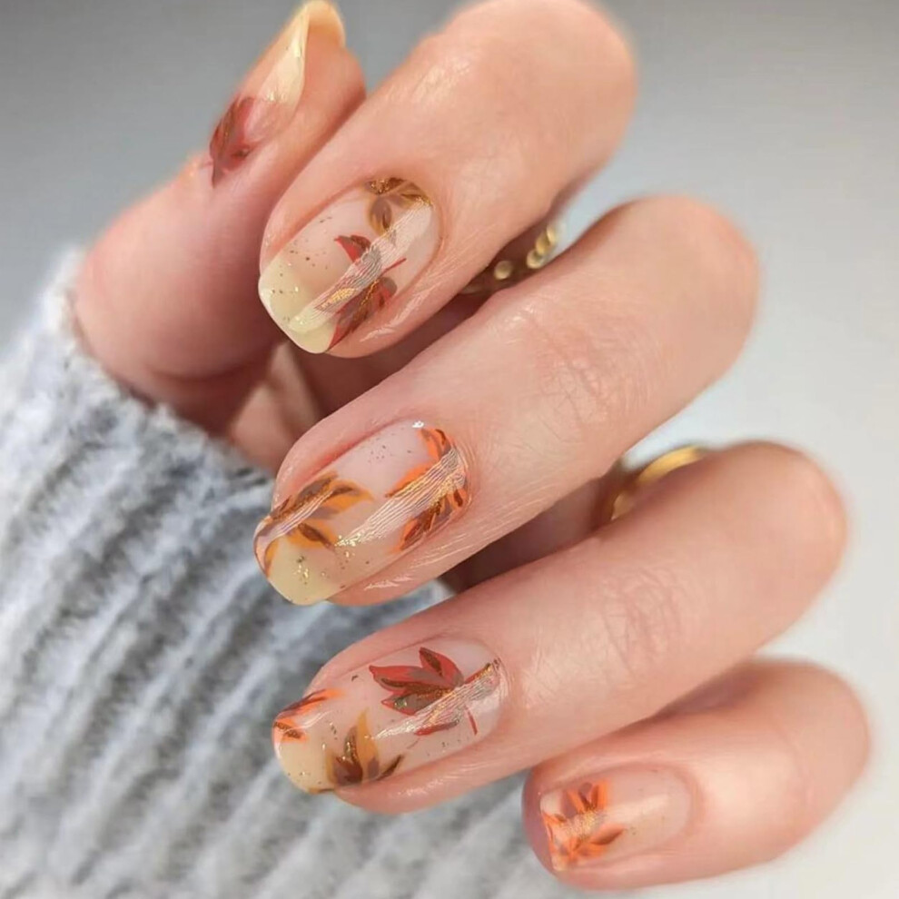 Maple Leaf Press on Nails Kit for Thanksgiving, Short Fake Nails with Quick Salon Look