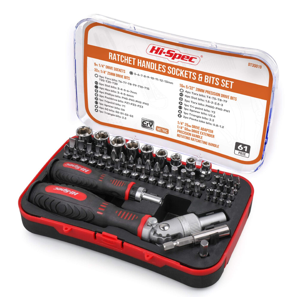 Hi-Spec 61Pc 1/4Â Hex Driver Bits & Socket Set With Right Angle Ratchet Handle. Easy Repairs With Torx & Small Precision Multi Bits. Screwdriver Bit 73933373