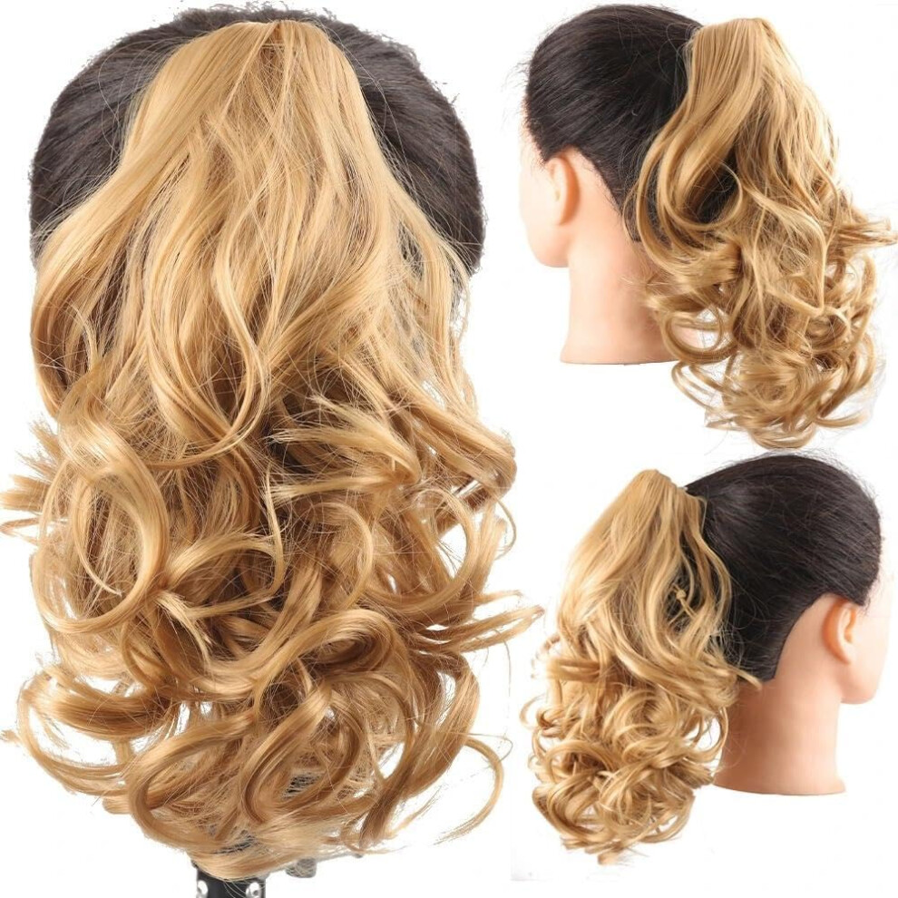 Unisex Synthetic Ponytail Hair Extension With Claw Clip, Short Curly Highlighted Hairpiece For Women 1B/30Hl