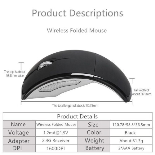 Mouse wireless Zonghan 2.4G pieghevole per computer, mini mouse da viaggio per notebook, silenzioso, con ricevitore USB per laptop e PC. 1