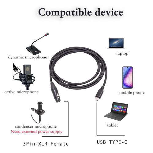 Καλώδιο μετατροπέα μικροφώνου 3FT θηλυκό XLR σε USB C, προσαρμογέας Plug and Play για 1