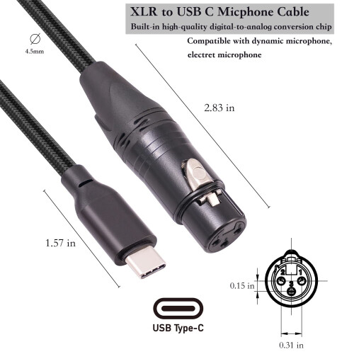 Καλώδιο μετατροπέα μικροφώνου 3FT θηλυκό XLR σε USB C, προσαρμογέας Plug and Play για 2